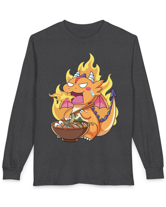 Hot Ramen Dragon shirt in dark heather featuring a cute orange dragon eating a steaming bowl of ramen while breathing fire
