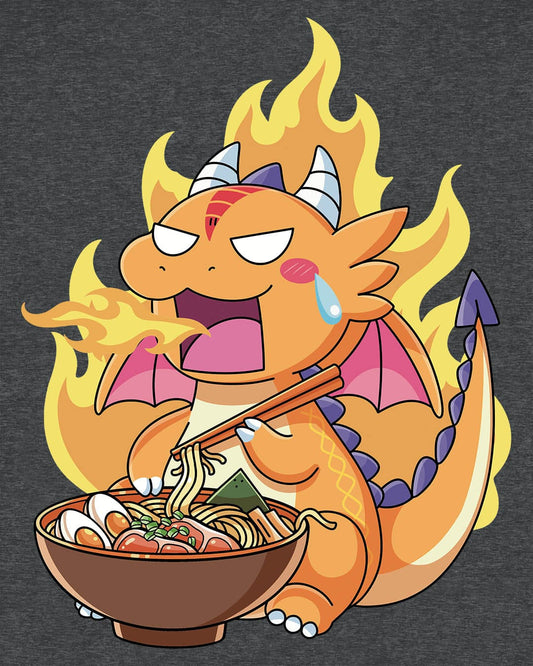 Hot Ramen Dragon shirt in dark heather featuring a cute orange dragon eating a steaming bowl of ramen while breathing fire