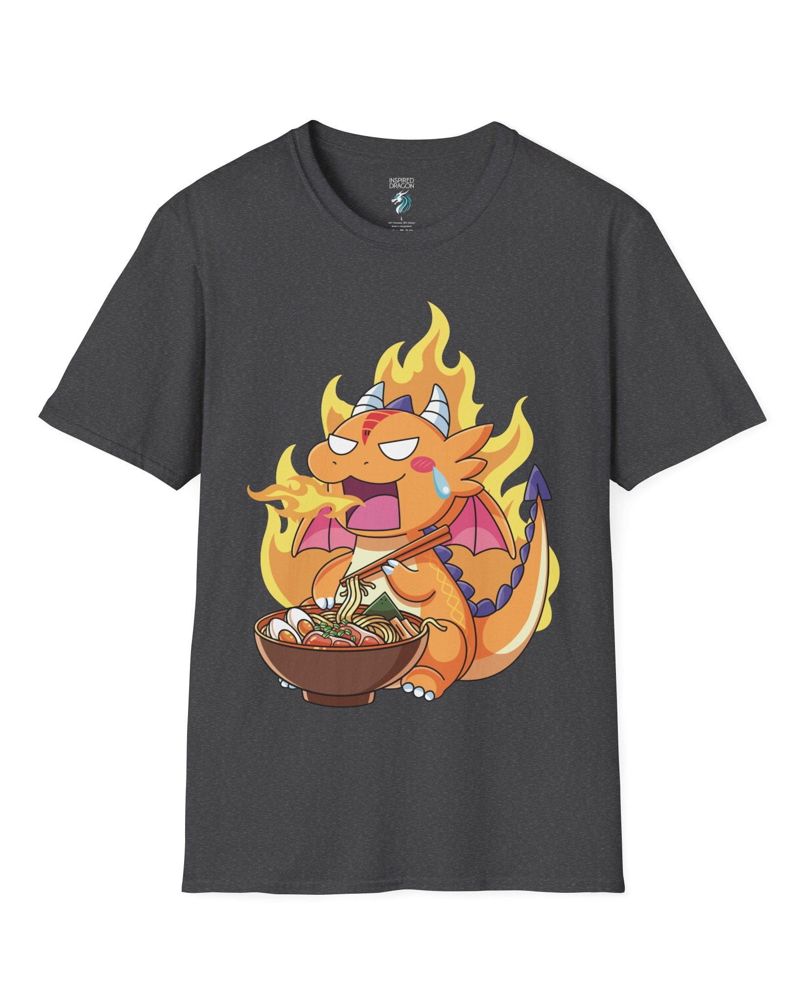 Hot Ramen Dragon shirt in dark heather featuring a cute orange dragon eating a steaming bowl of ramen while breathing fire