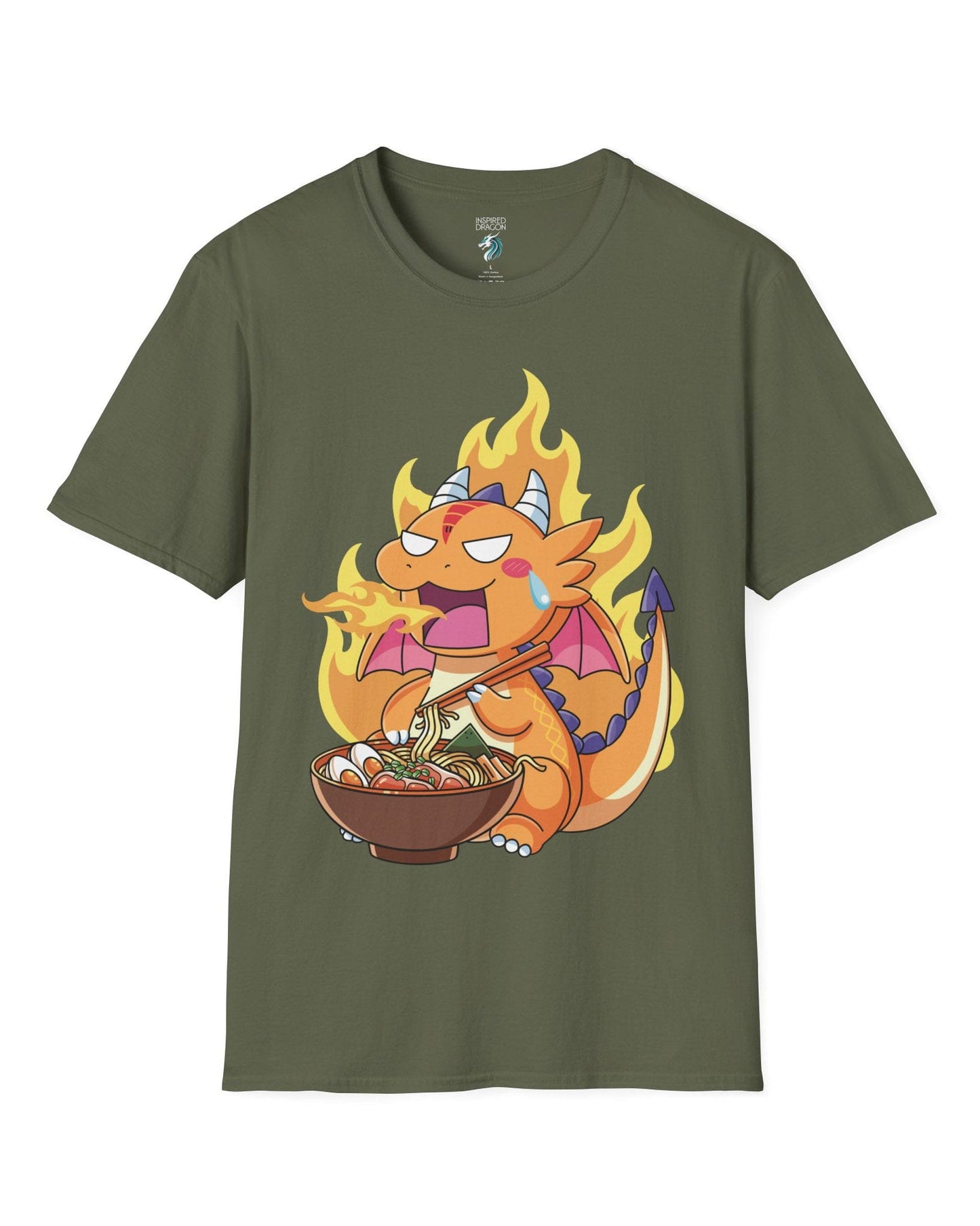 Hot Ramen Dragon shirt in military green featuring a cute orange dragon eating a steaming bowl of ramen while breathing fire