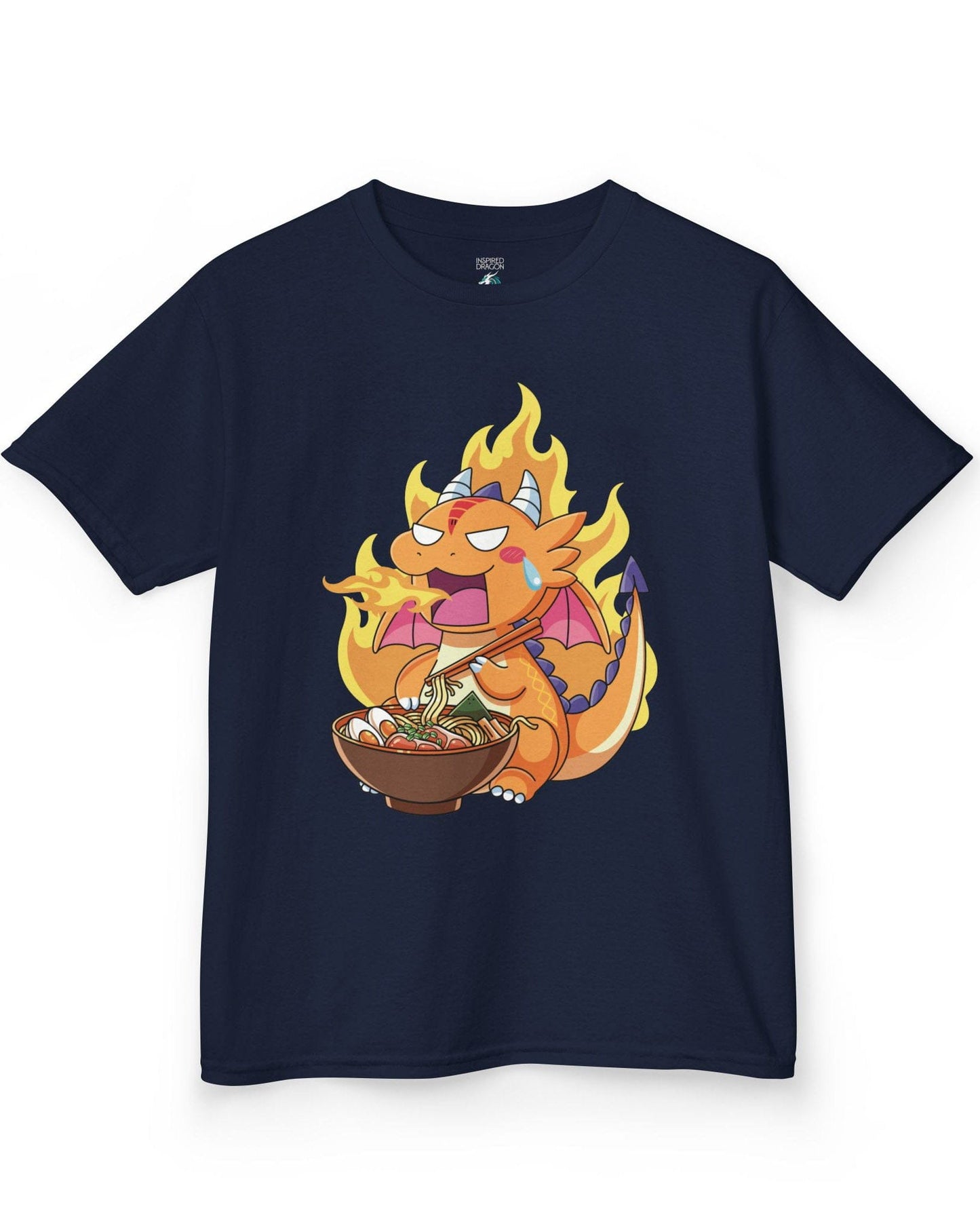Hot Ramen Dragon shirt in navy featuring a cute orange dragon eating a steaming bowl of ramen while breathing fire