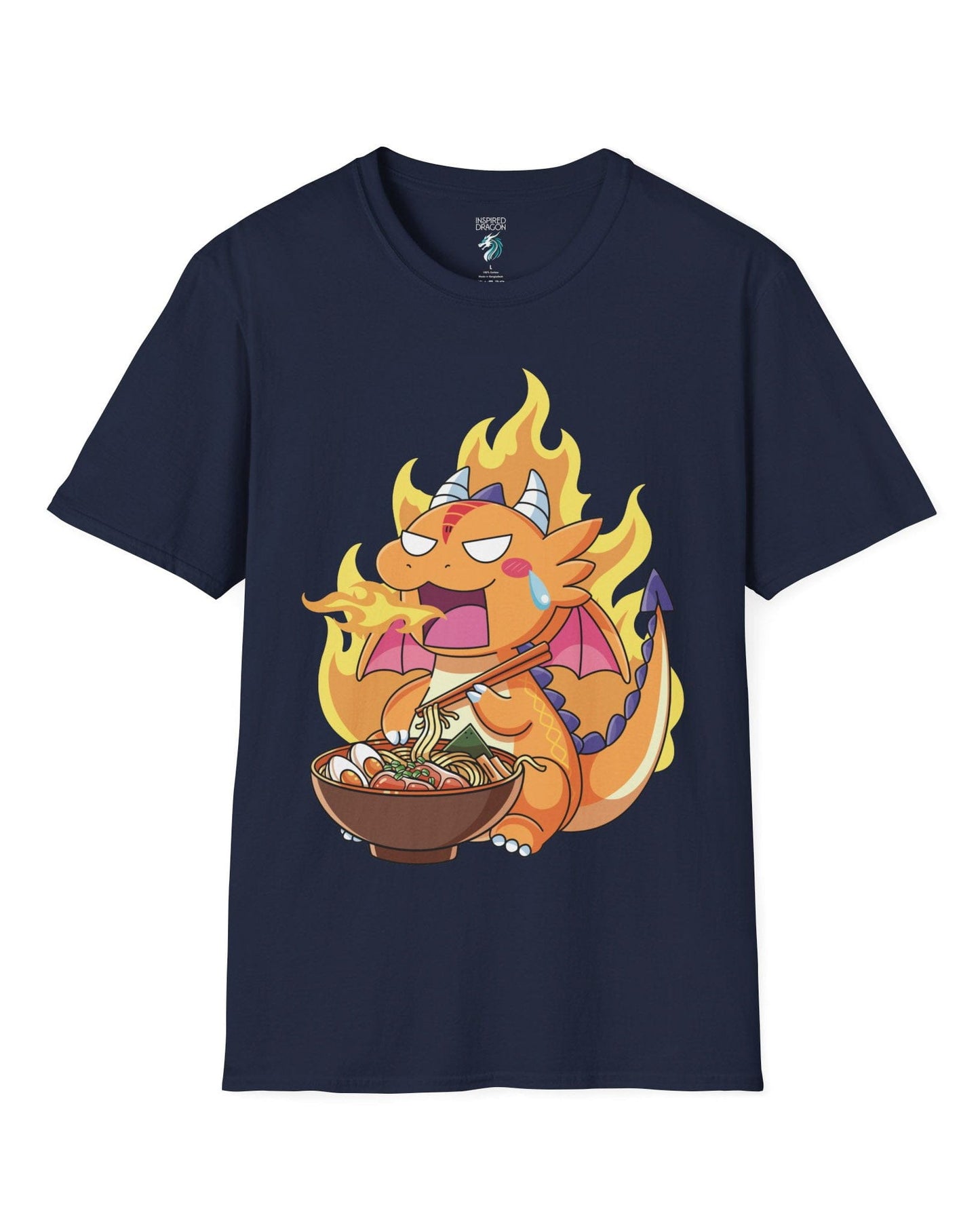 Hot Ramen Dragon shirt in navy featuring a cute orange dragon eating a steaming bowl of ramen while breathing fire