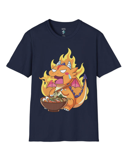 Hot Ramen Dragon shirt in navy featuring a cute orange dragon eating a steaming bowl of ramen while breathing fire