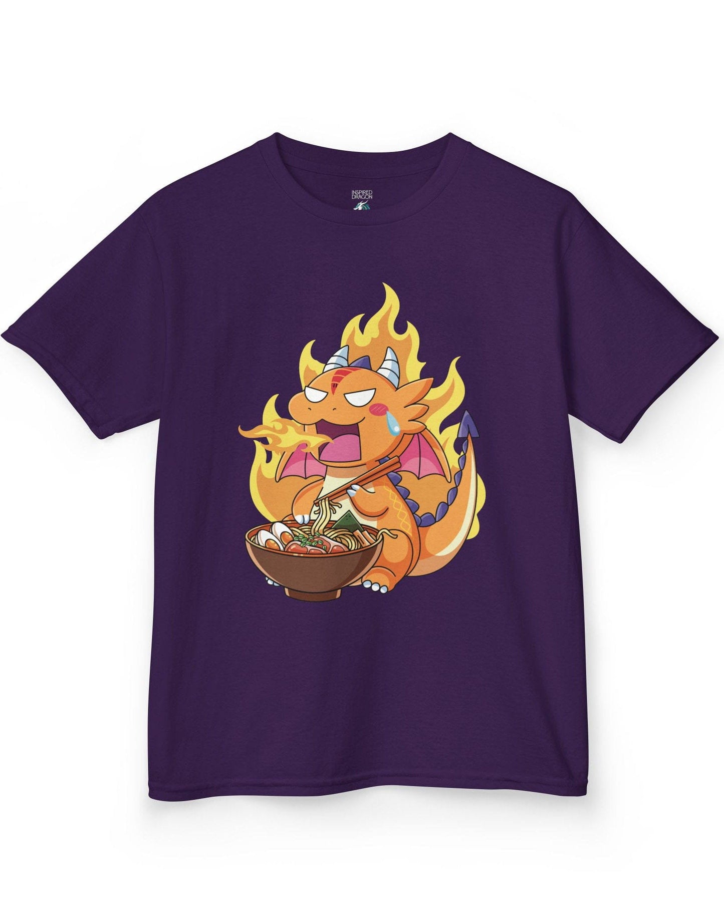 Hot Ramen Dragon shirt in purple featuring a cute orange dragon eating a steaming bowl of ramen while breathing fire