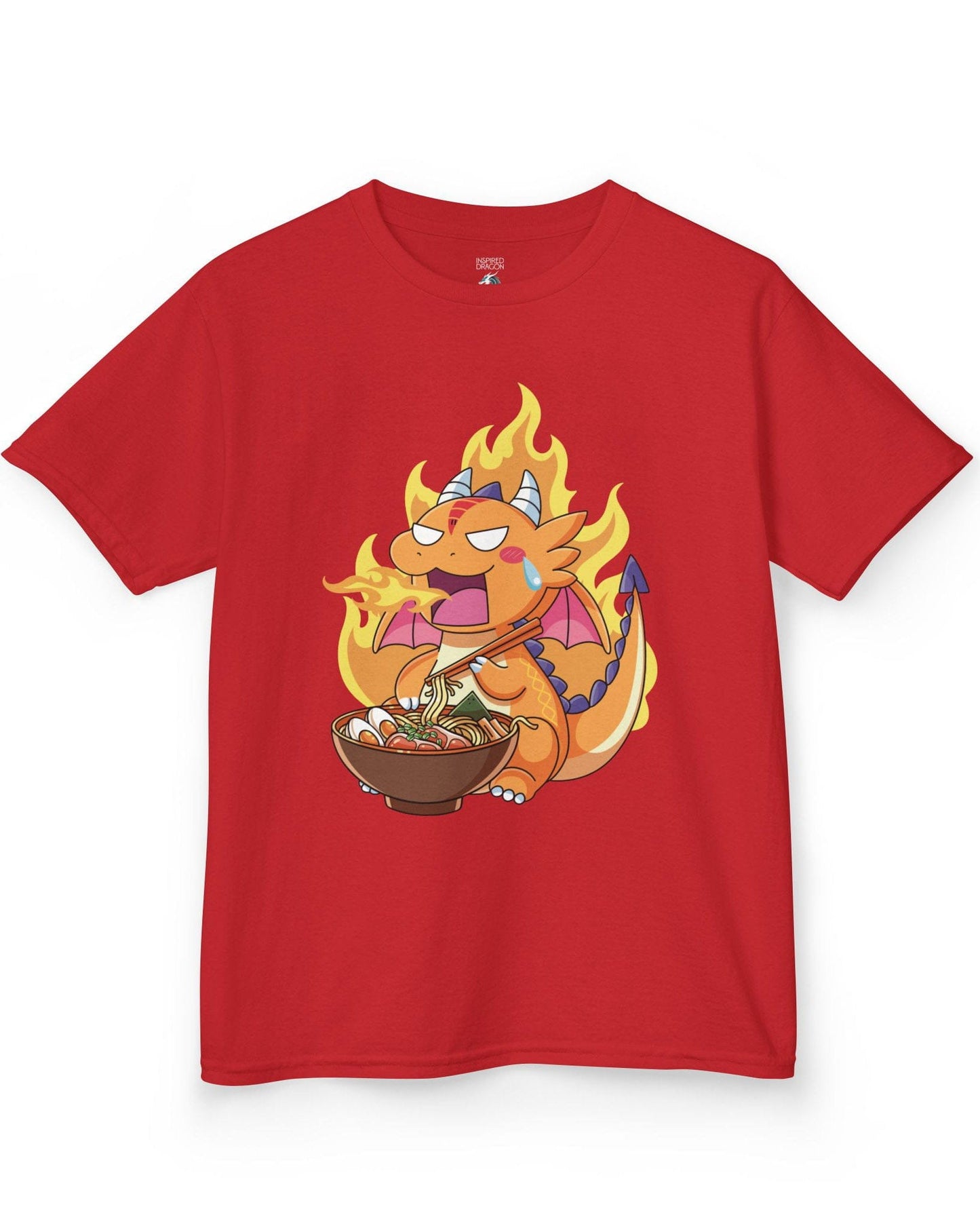 Hot Ramen Dragon shirt in red featuring a cute orange dragon eating a steaming bowl of ramen while breathing fire