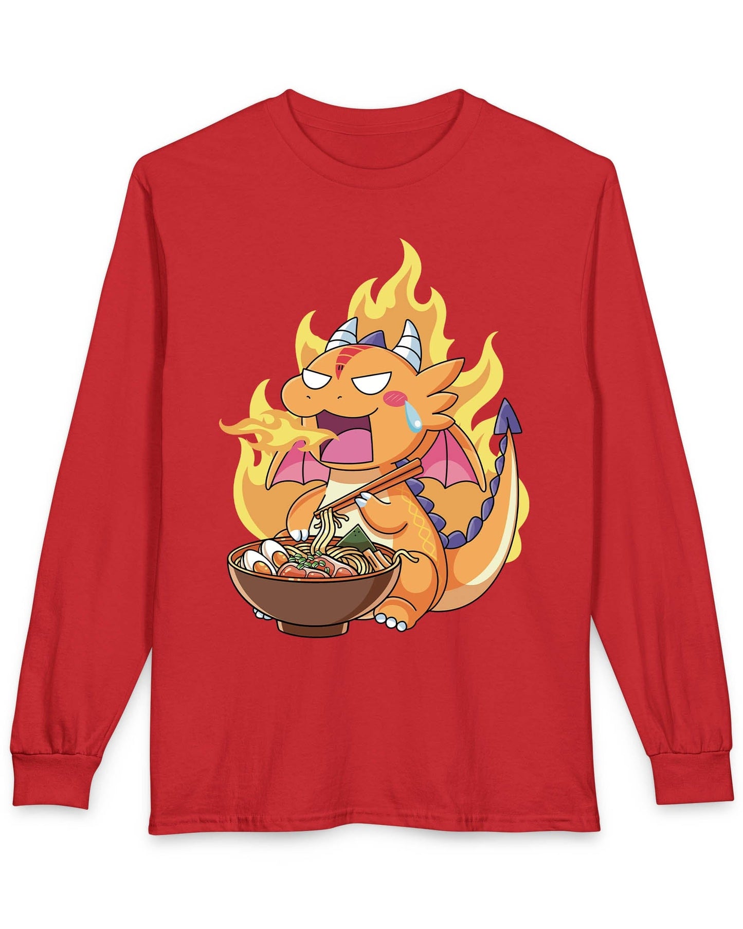 Hot Ramen Dragon shirt in red featuring a cute orange dragon eating a steaming bowl of ramen while breathing fire