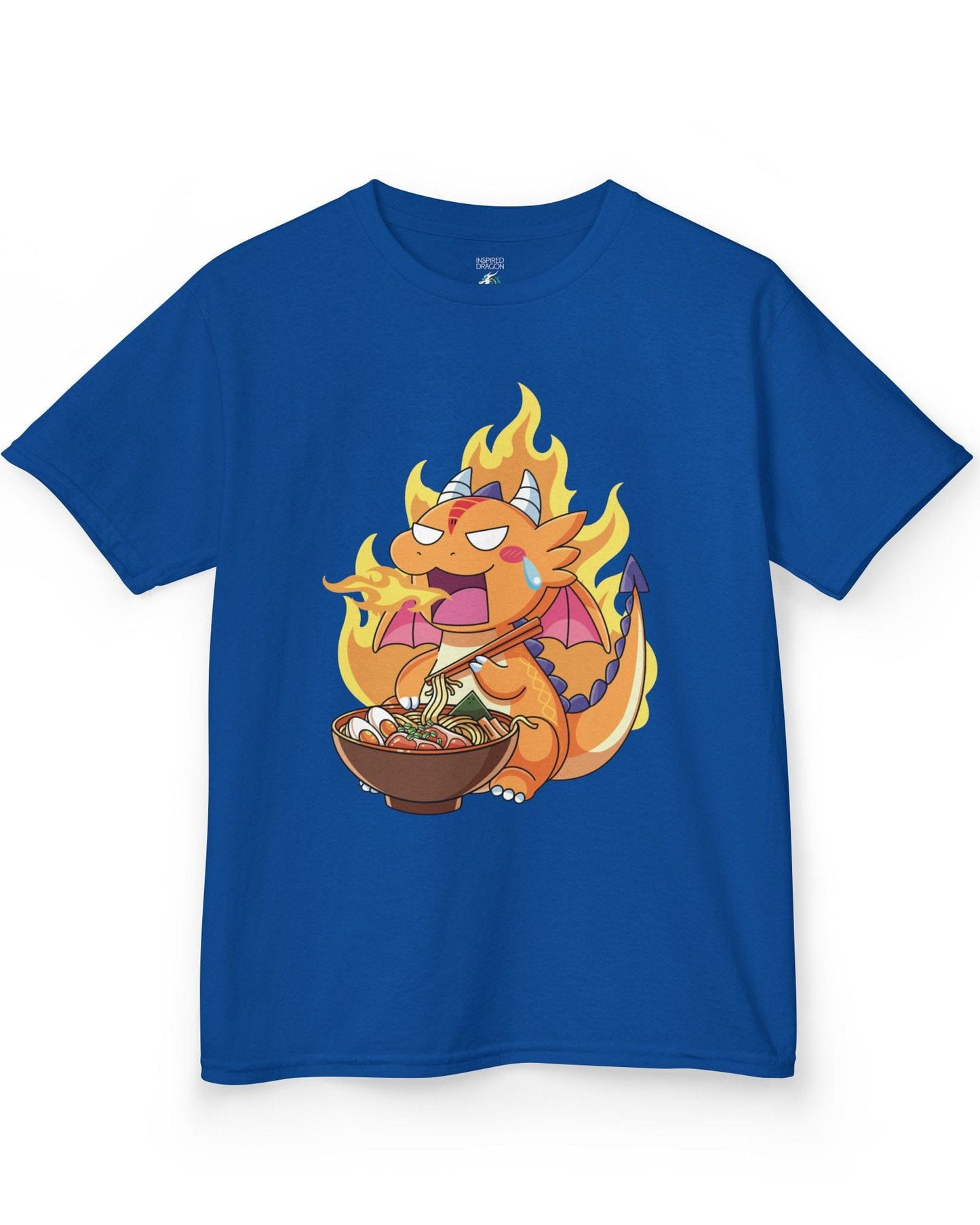 Hot Ramen Dragon shirt in royal blue featuring a cute orange dragon eating a steaming bowl of ramen while breathing fire