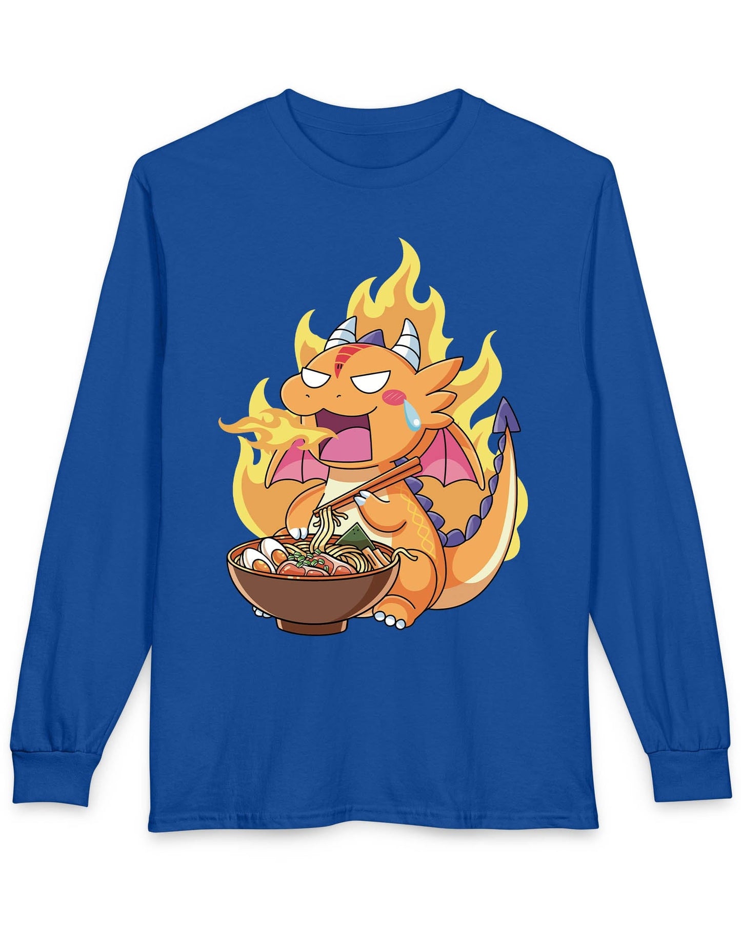 Hot Ramen Dragon shirt in royal blue featuring a cute orange dragon eating a steaming bowl of ramen while breathing fire