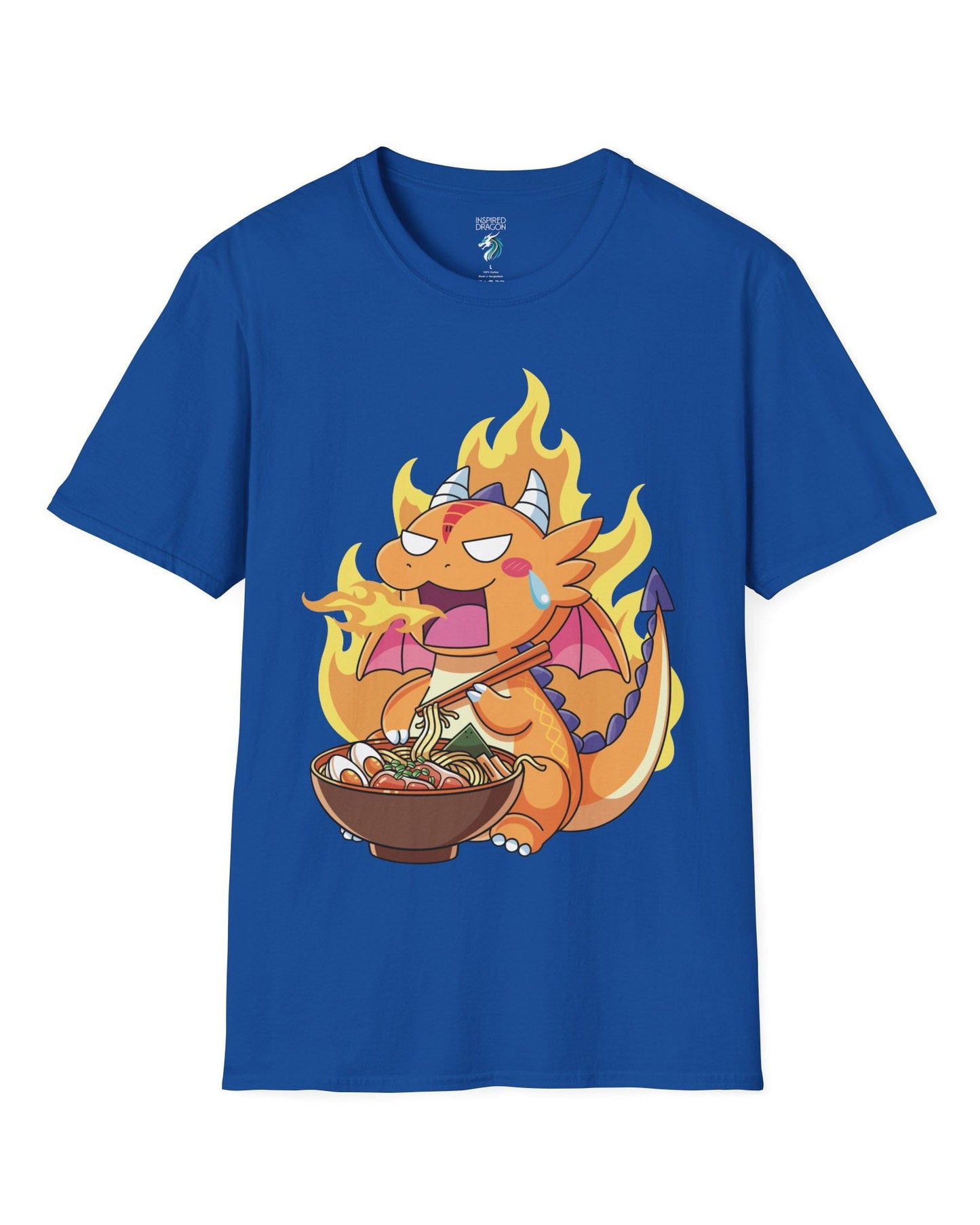 Hot Ramen Dragon shirt in royal blue featuring a cute orange dragon eating a steaming bowl of ramen while breathing fire