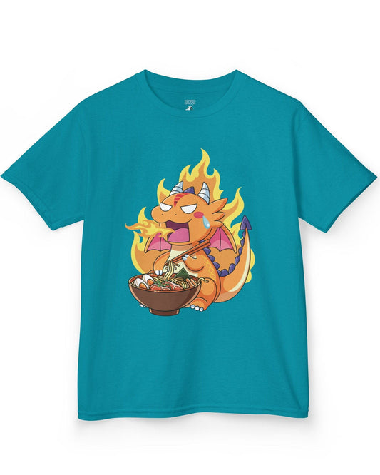 Hot Ramen Dragon shirt in tropical blue featuring a cute orange dragon eating a steaming bowl of ramen while breathing fire