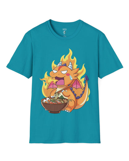 Hot Ramen Dragon shirt in tropical blue featuring a cute orange dragon eating a steaming bowl of ramen while breathing fire