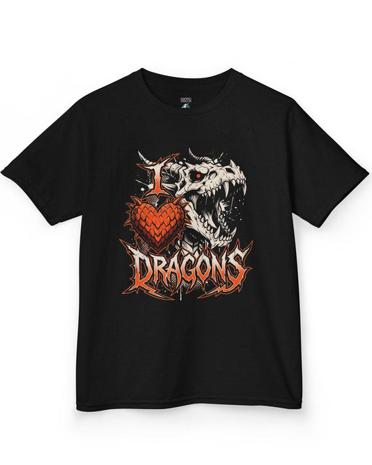 I Love Dragons shirt in black featuring a fierce skeletal dragon head and a spiked heart emblem with bold lettering