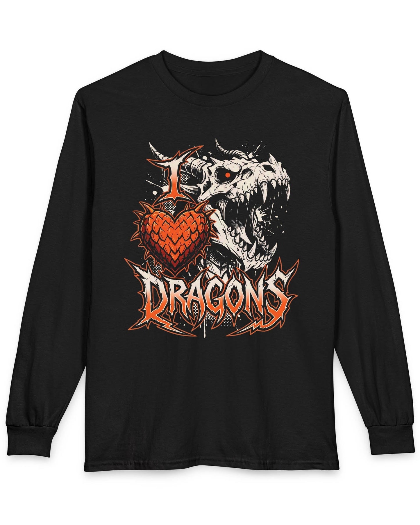 I Love Dragons shirt in black featuring a fierce skeletal dragon head and a spiked heart emblem with bold lettering