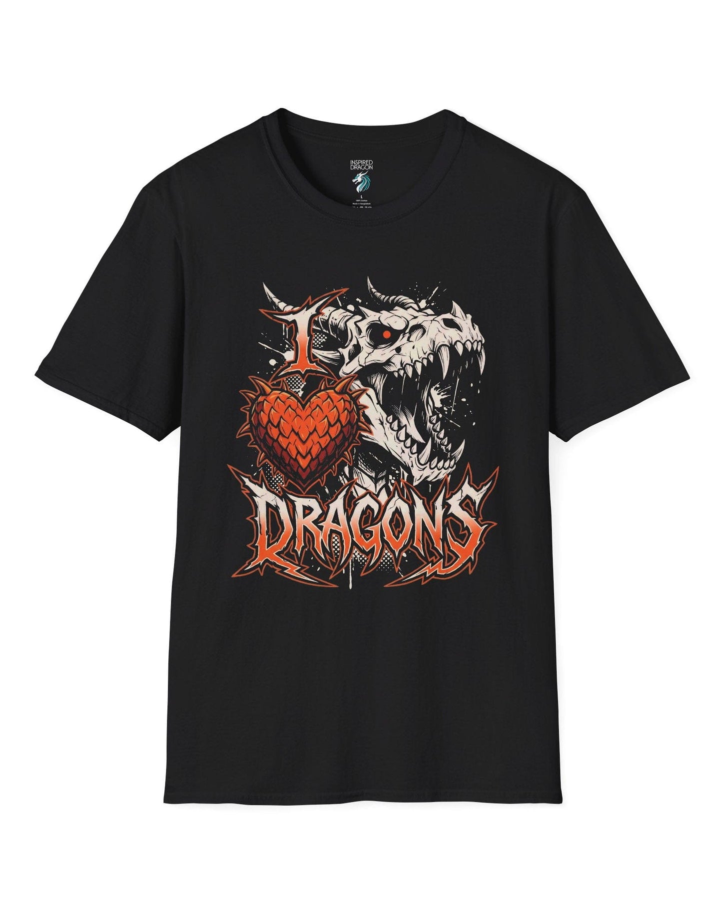 I Love Dragons shirt in black featuring a fierce skeletal dragon head and a spiked heart emblem with bold lettering