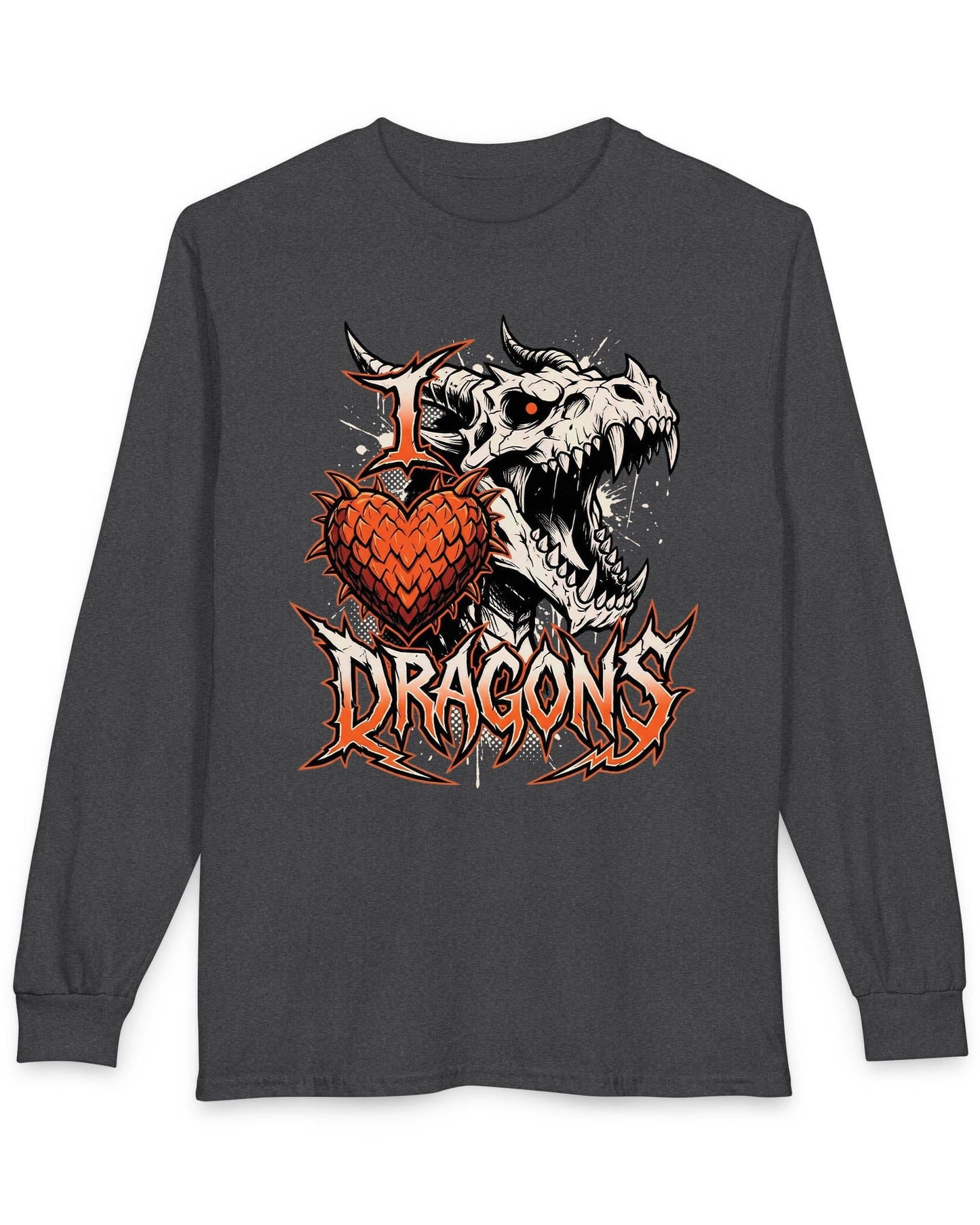 I Love Dragons shirt in dark heather featuring a fierce skeletal dragon head and a spiked heart emblem with bold lettering
