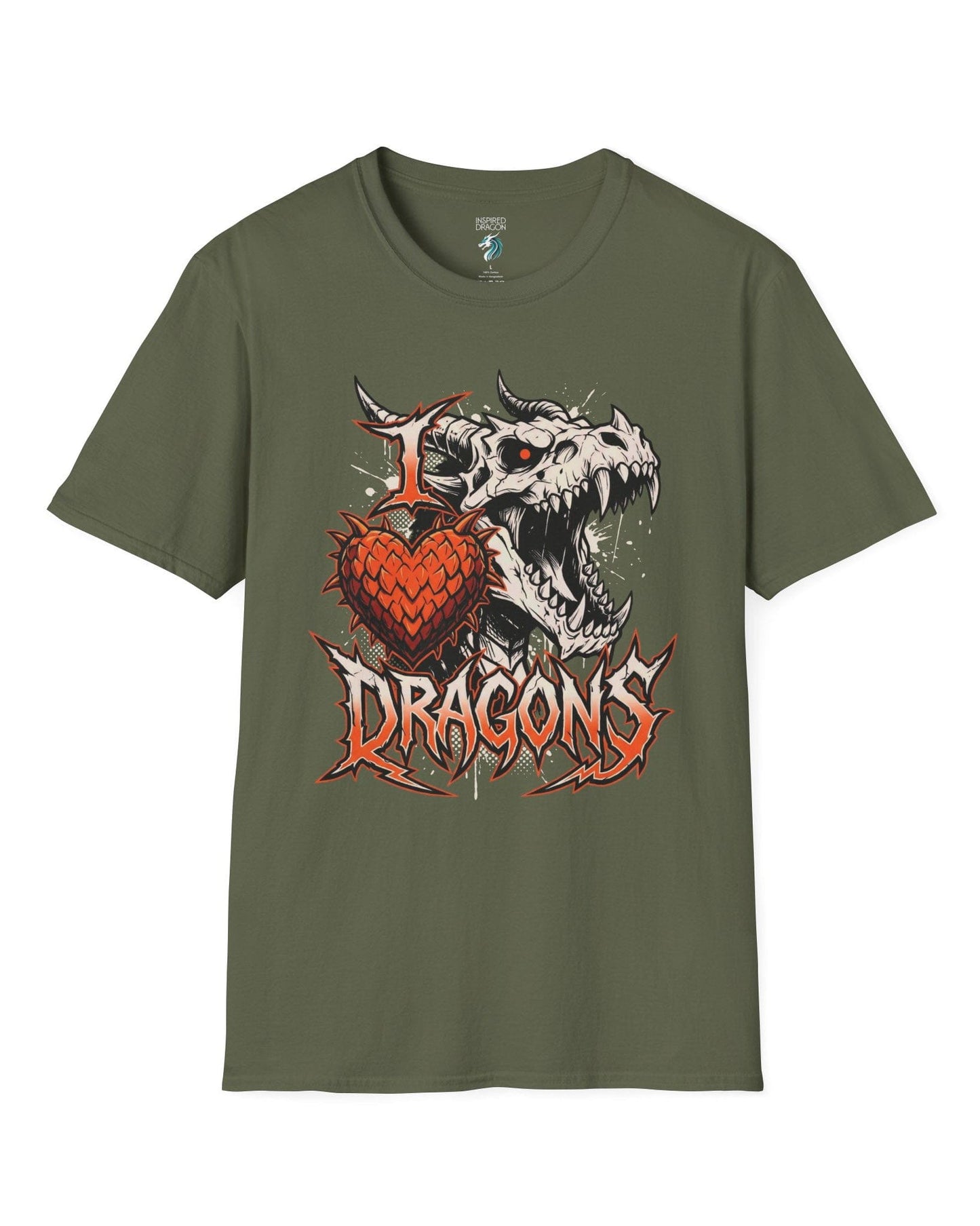 I Love Dragons shirt in military green featuring a fierce skeletal dragon head and a spiked heart emblem with bold lettering
