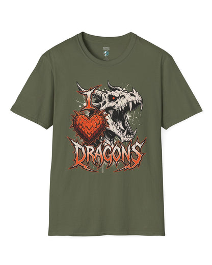 I Love Dragons shirt in military green featuring a fierce skeletal dragon head and a spiked heart emblem with bold lettering
