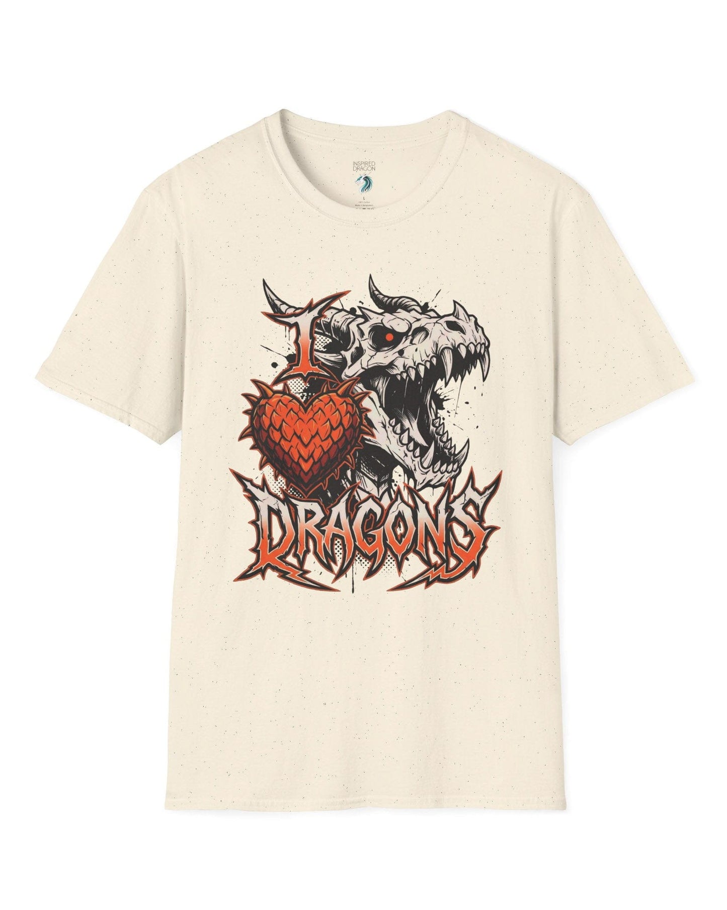 I Love Dragons shirt in natural featuring a fierce skeletal dragon head and a spiked heart emblem with bold lettering