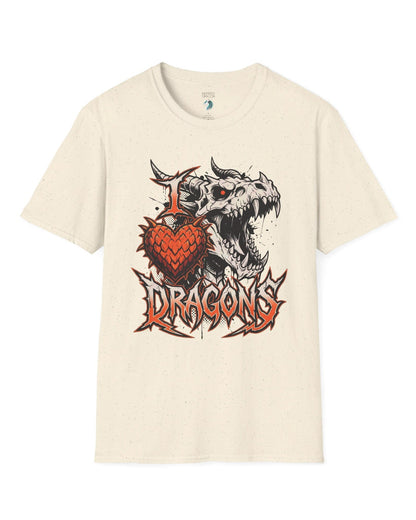 I Love Dragons shirt in natural featuring a fierce skeletal dragon head and a spiked heart emblem with bold lettering