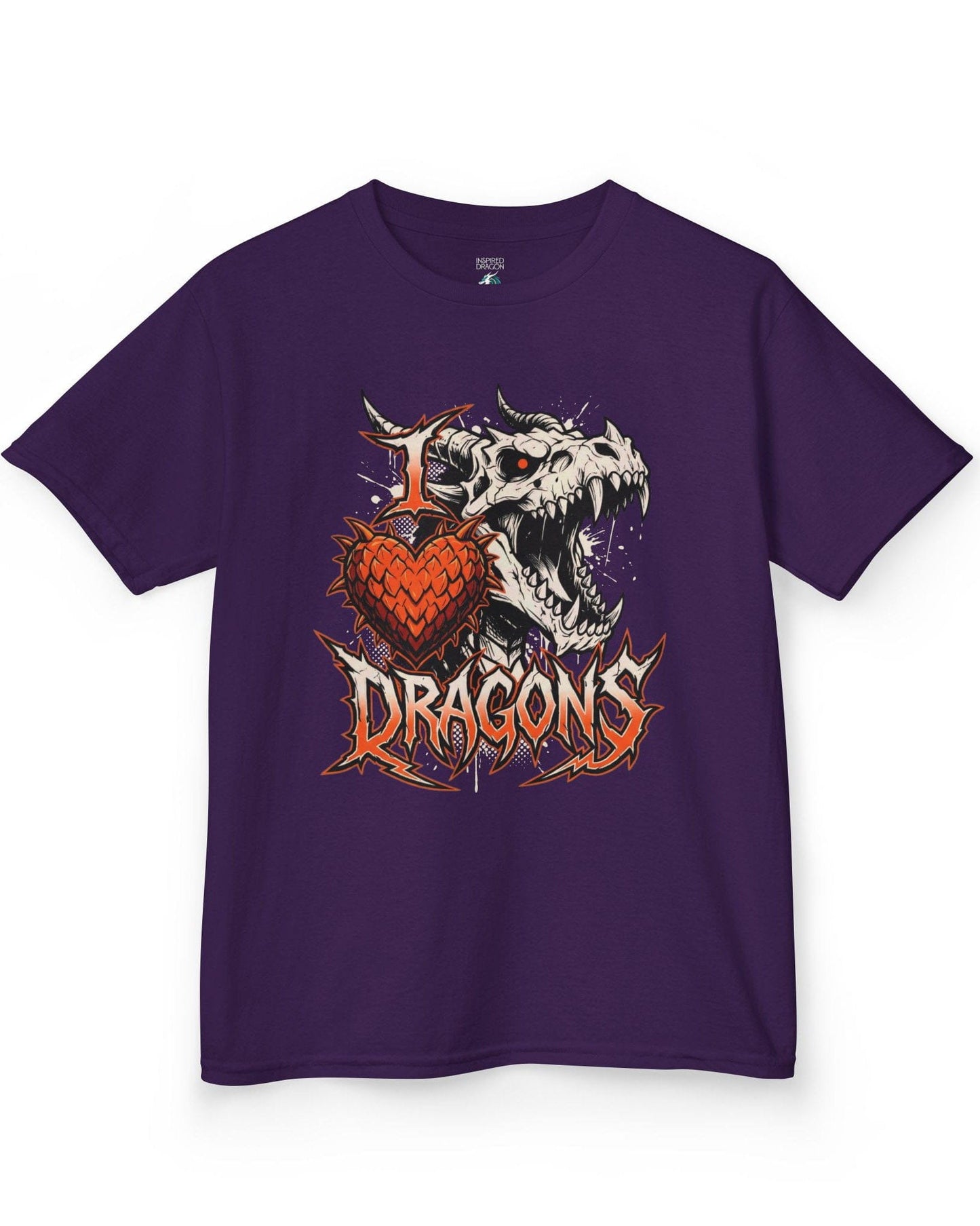 I Love Dragons shirt in purple featuring a fierce skeletal dragon head and a spiked heart emblem with bold lettering