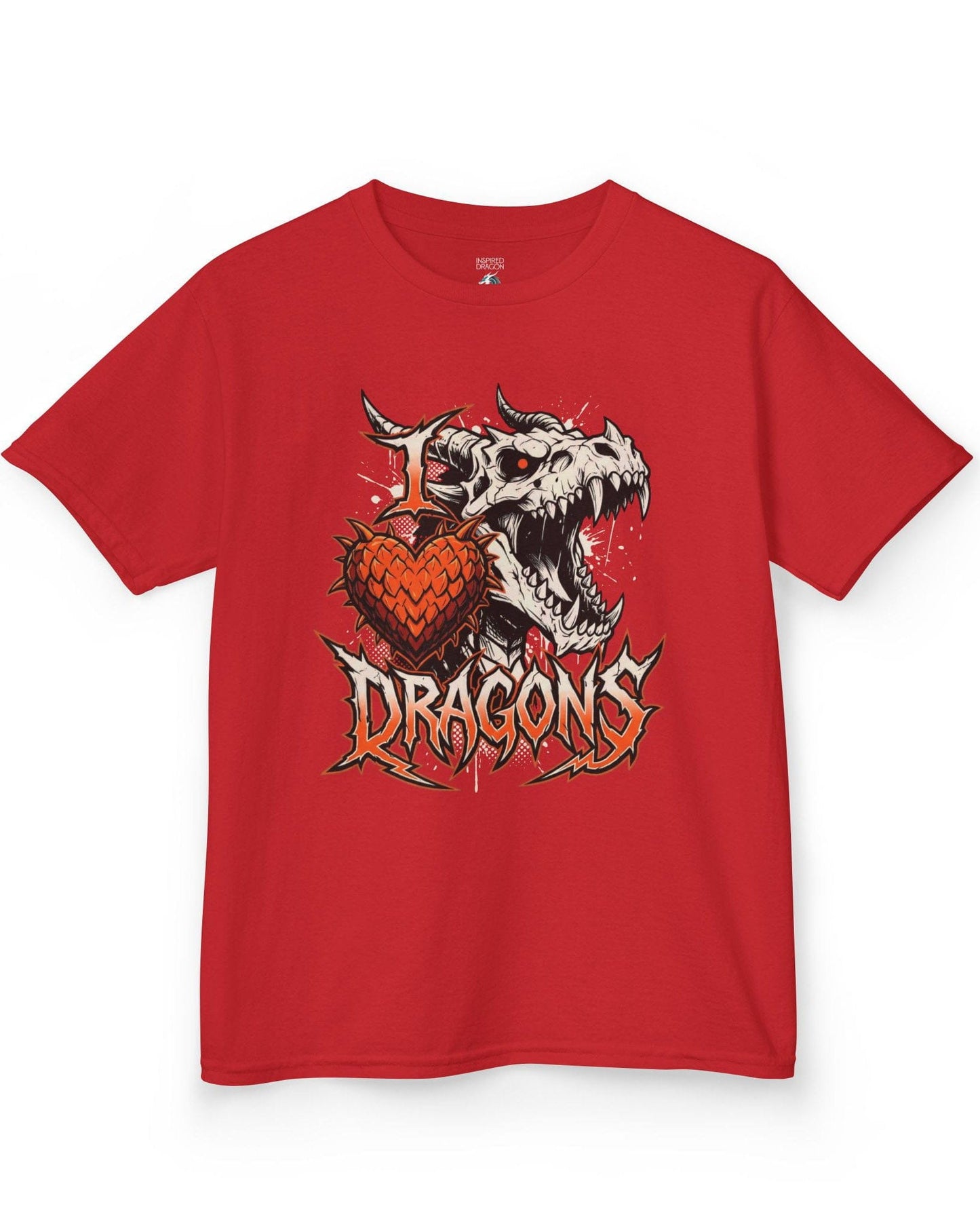 I Love Dragons shirt in red featuring a fierce skeletal dragon head and a spiked heart emblem with bold lettering