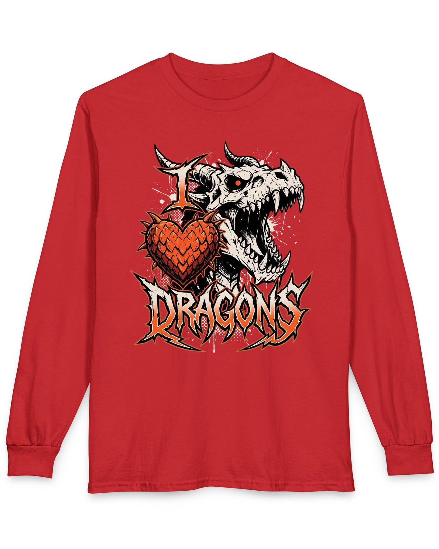 I Love Dragons shirt in red featuring a fierce skeletal dragon head and a spiked heart emblem with bold lettering
