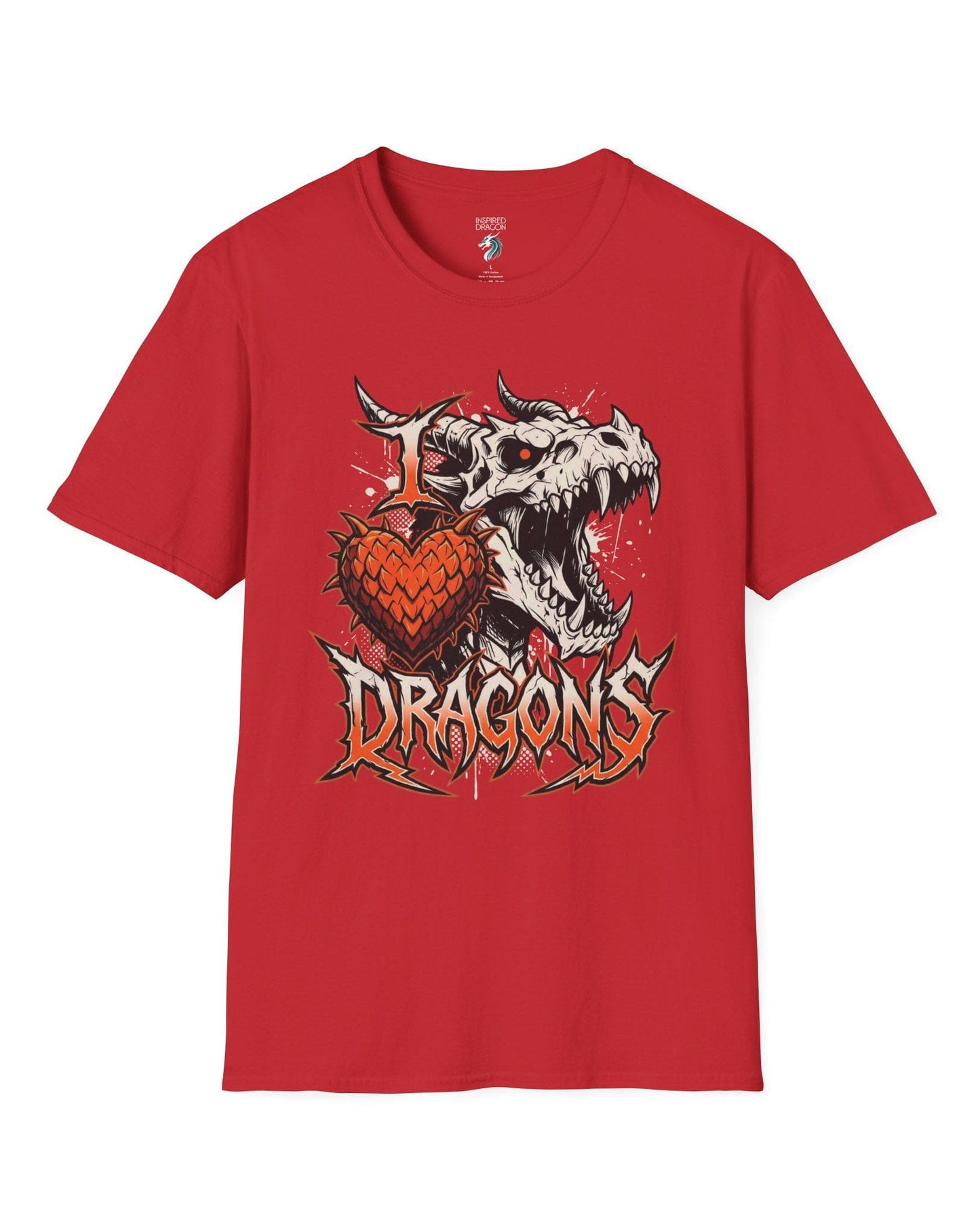 I Love Dragons shirt in red featuring a fierce skeletal dragon head and a spiked heart emblem with bold lettering