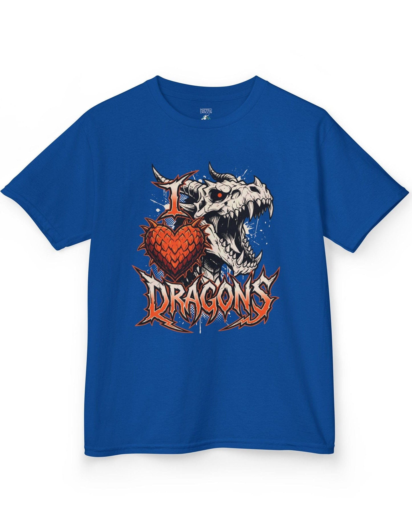 I Love Dragons shirt in royal blue featuring a fierce skeletal dragon head and a spiked heart emblem with bold lettering