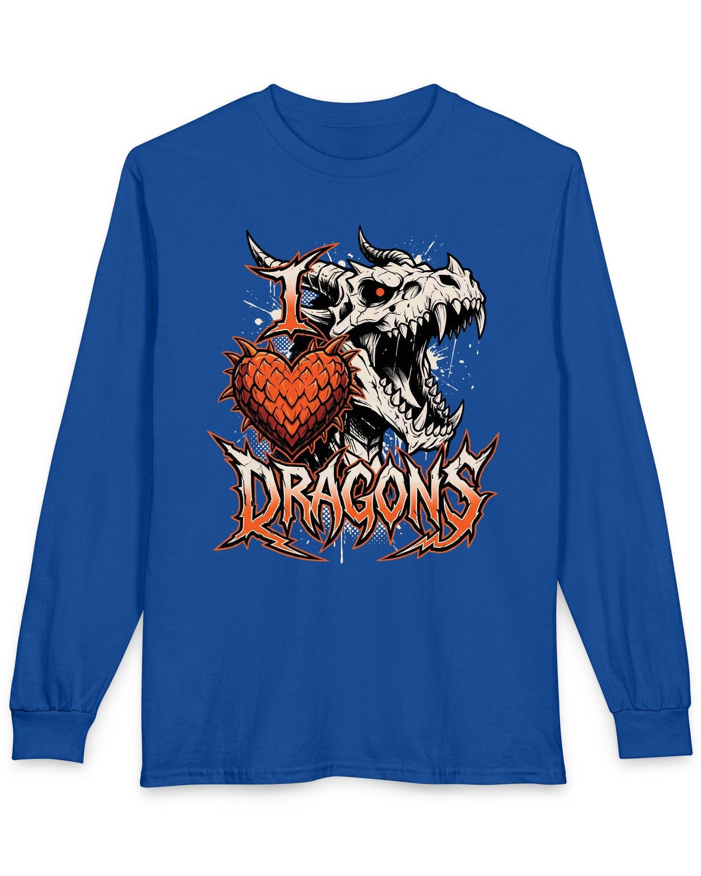I Love Dragons shirt in royal blue featuring a fierce skeletal dragon head and a spiked heart emblem with bold lettering