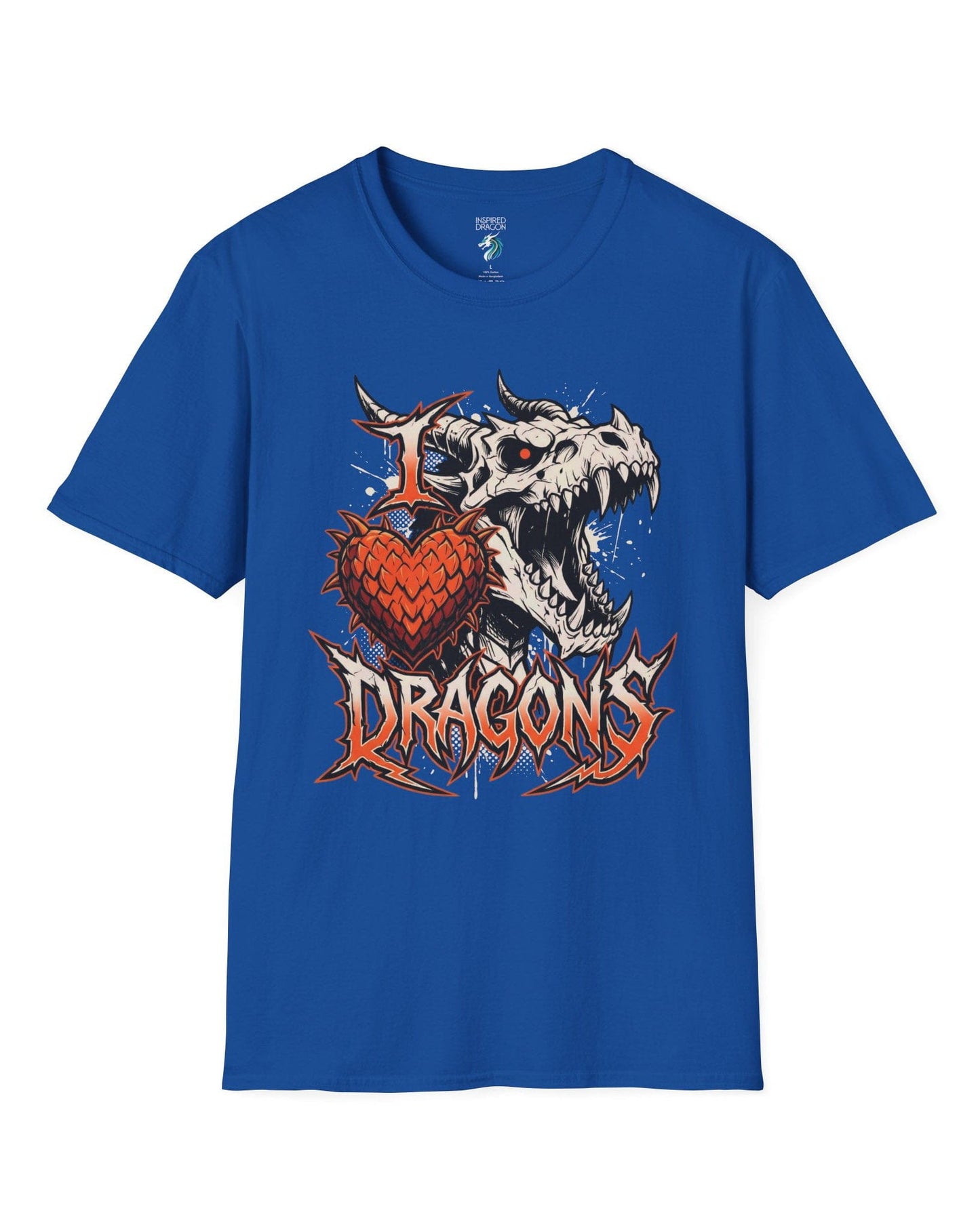 I Love Dragons shirt in royal blue featuring a fierce skeletal dragon head and a spiked heart emblem with bold lettering