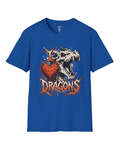 I Love Dragons shirt in royal blue featuring a fierce skeletal dragon head and a spiked heart emblem with bold lettering