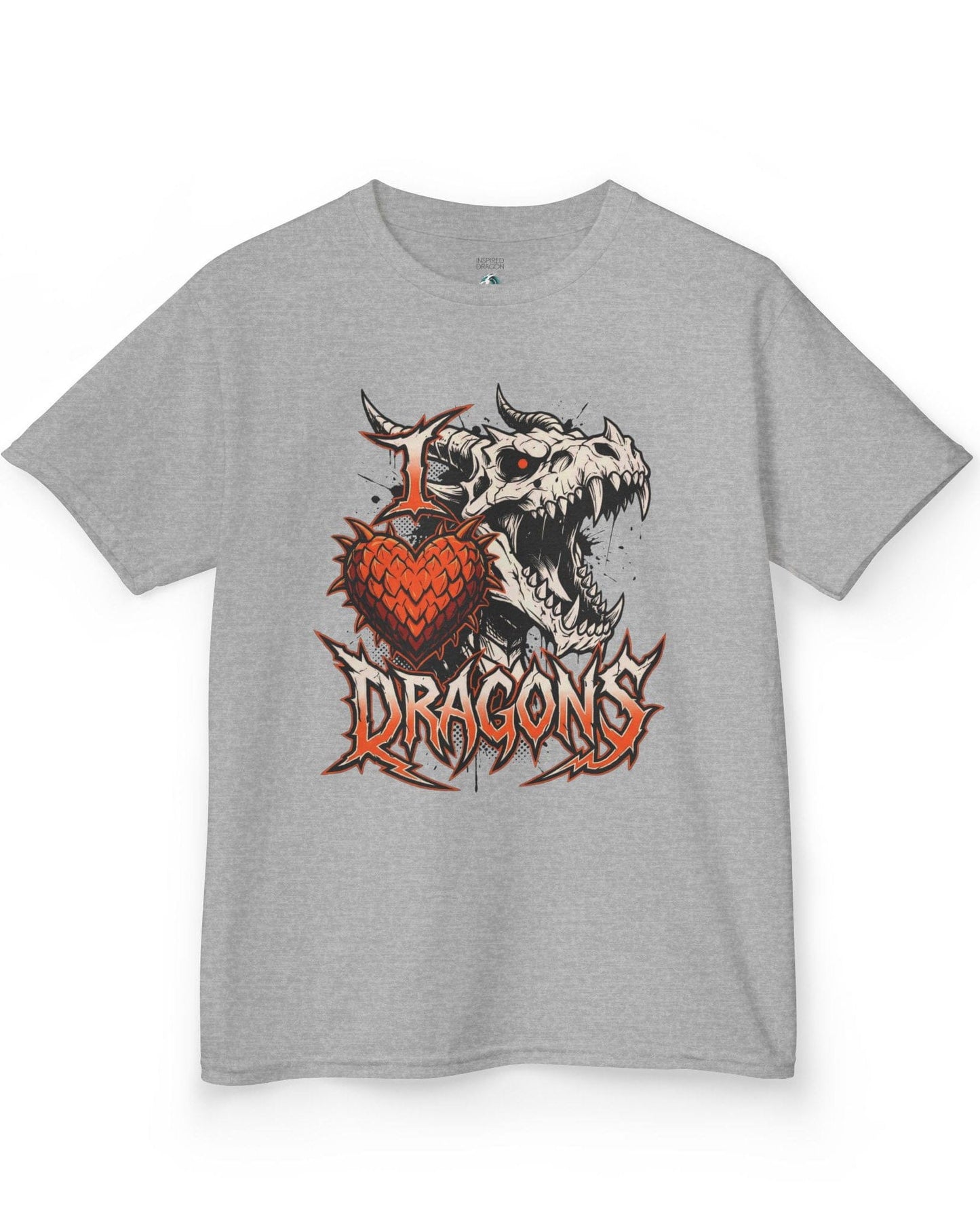 I Love Dragons shirt in sport grey featuring a fierce skeletal dragon head and a spiked heart emblem with bold lettering