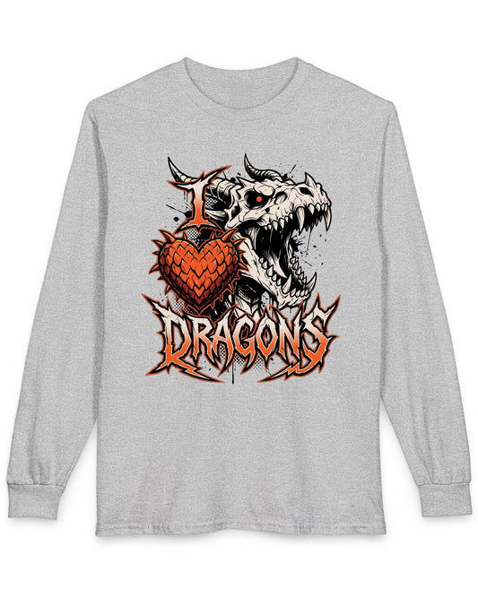 I Love Dragons shirt in sport grey featuring a fierce skeletal dragon head and a spiked heart emblem with bold lettering