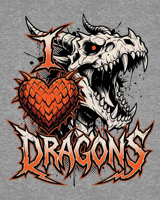 I Love Dragons shirt in sport grey featuring a fierce skeletal dragon head and a spiked heart emblem with bold lettering