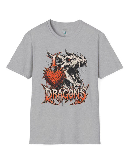 I Love Dragons shirt in sport grey featuring a fierce skeletal dragon head and a spiked heart emblem with bold lettering