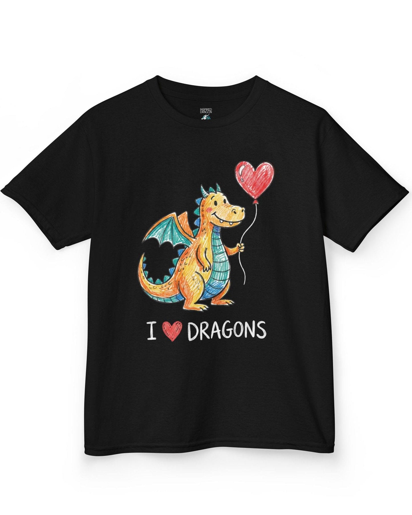 I Love Dragons shirt in black featuring a crayon-style smiling dragon holding a heart balloon