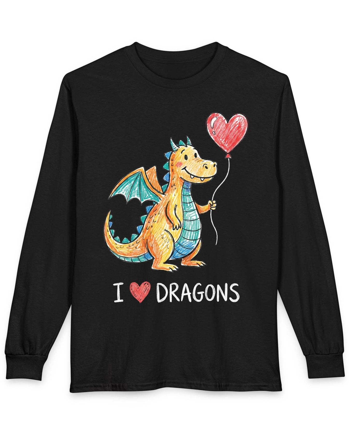 I Love Dragons shirt in black featuring a crayon-style smiling dragon holding a heart balloon