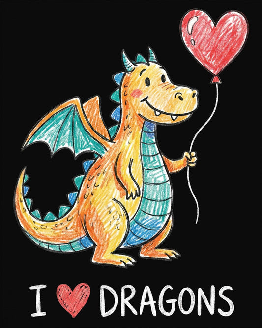 I Love Dragons shirt in black featuring a crayon-style smiling dragon holding a heart balloon