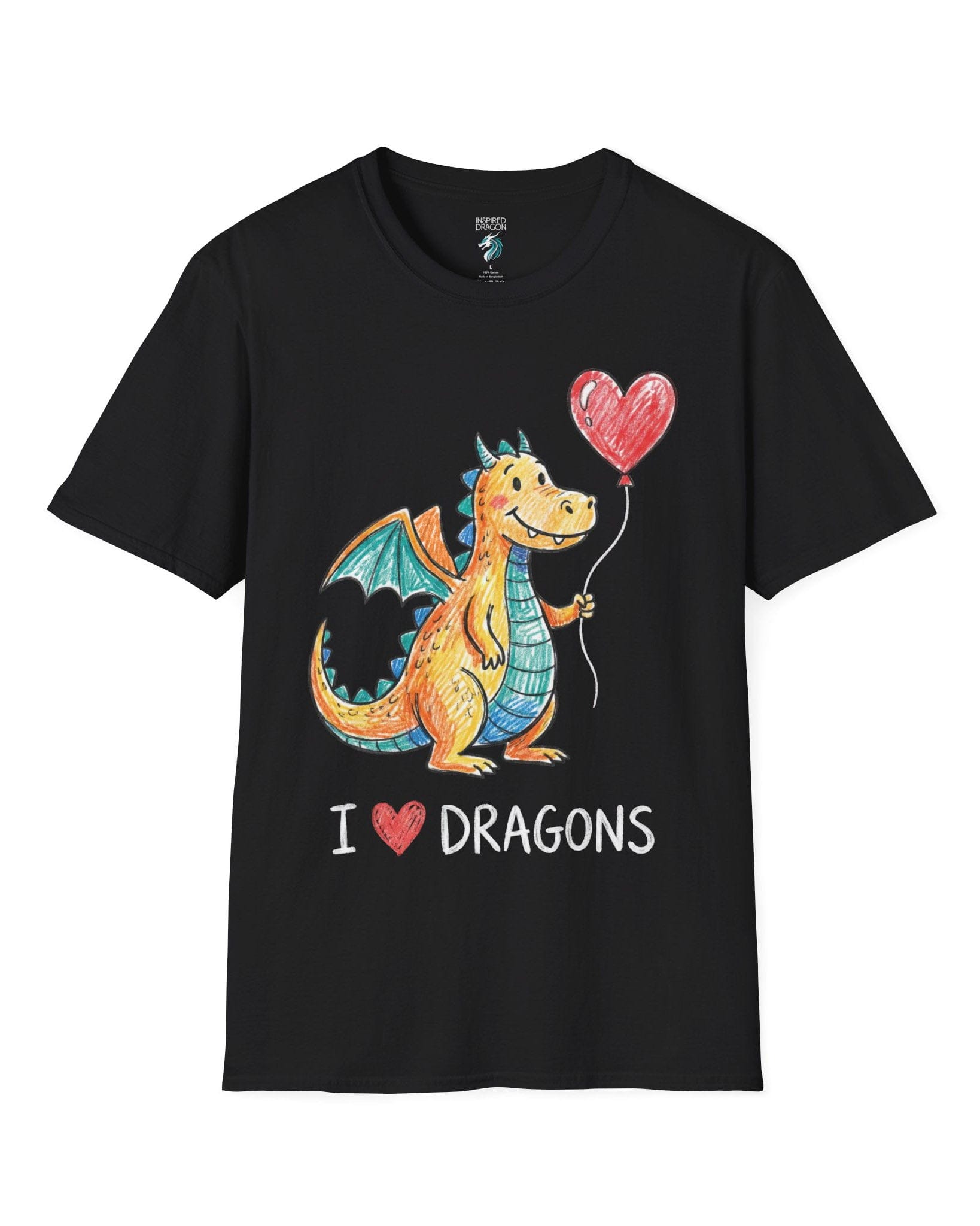 I Love Dragons shirt in black featuring a crayon-style smiling dragon holding a heart balloon