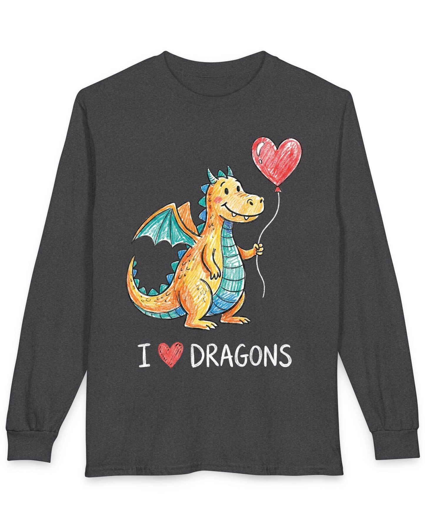 I Love Dragons shirt in dark heather featuring a crayon-style smiling dragon holding a heart balloon