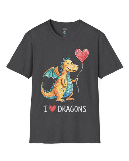 I Love Dragons shirt in dark heather featuring a crayon-style smiling dragon holding a heart balloon