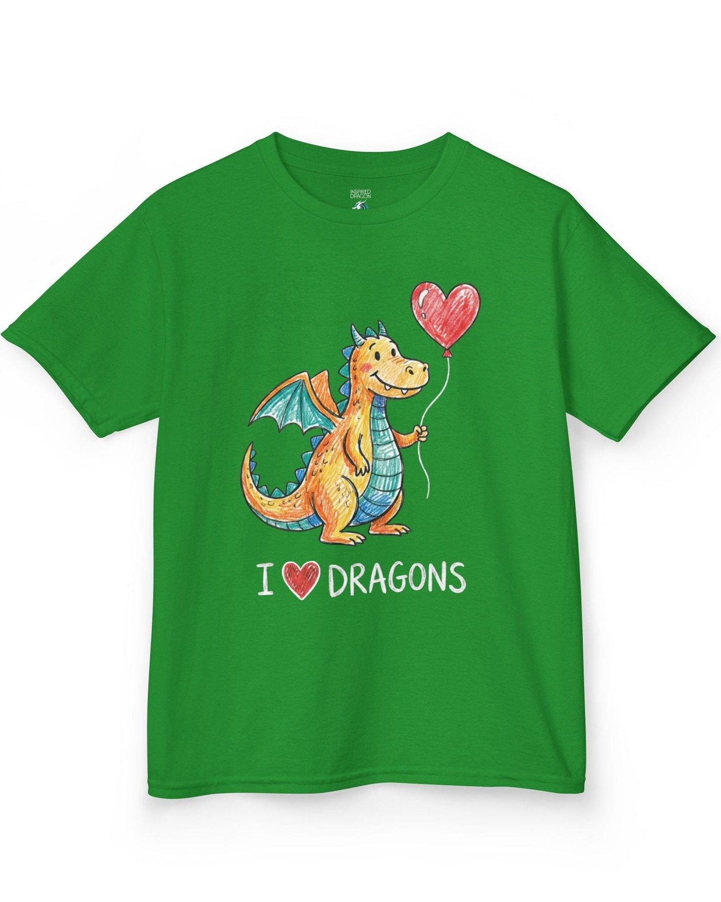 I Love Dragons shirt in Irish green featuring a crayon-style smiling dragon holding a heart balloon
