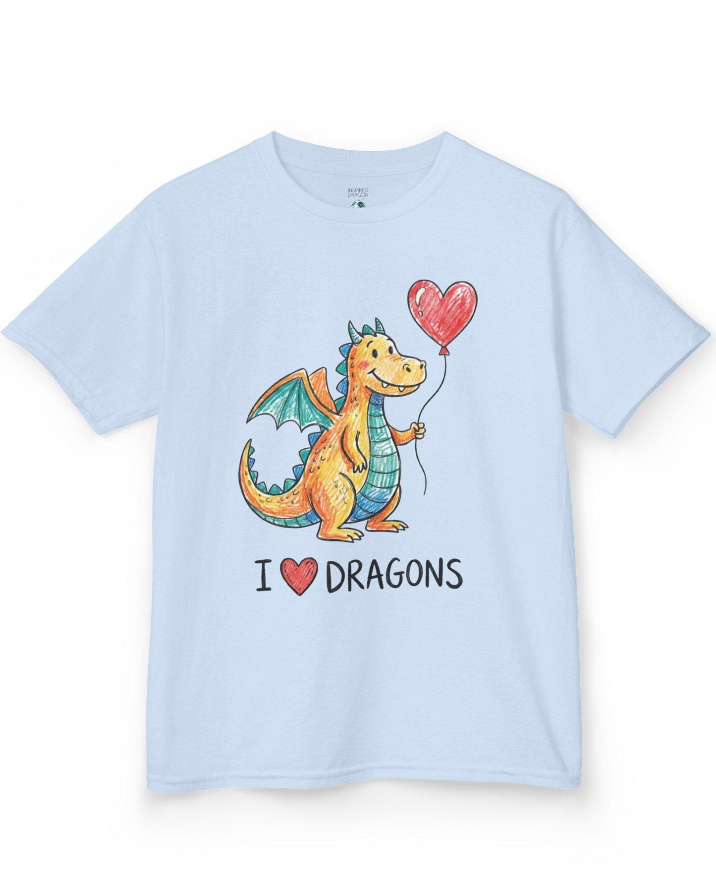 I Love Dragons shirt in light blue featuring a crayon-style smiling dragon holding a heart balloon