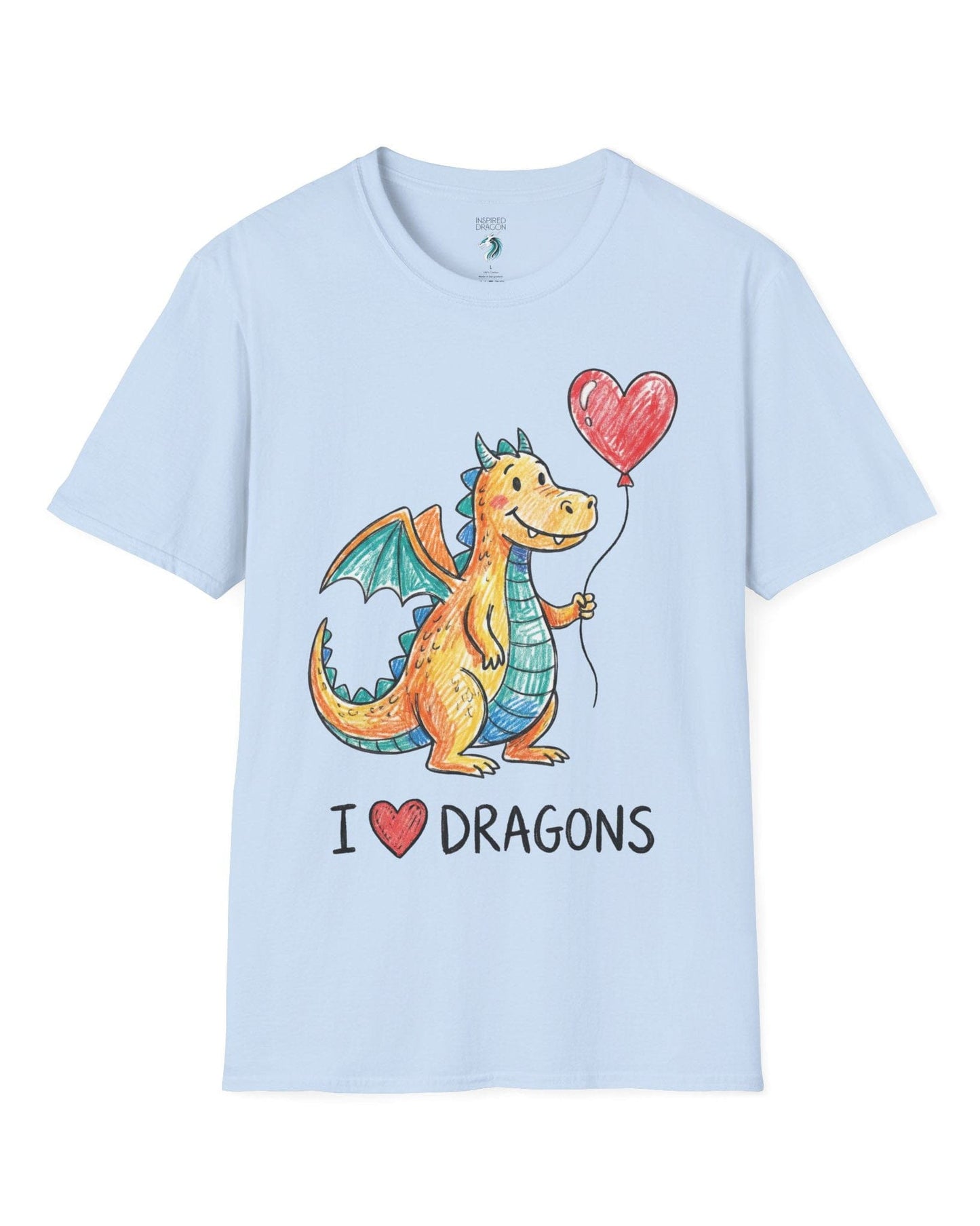 I Love Dragons shirt in light blue featuring a crayon-style smiling dragon holding a heart balloon