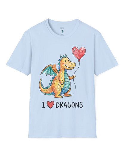 I Love Dragons shirt in light blue featuring a crayon-style smiling dragon holding a heart balloon
