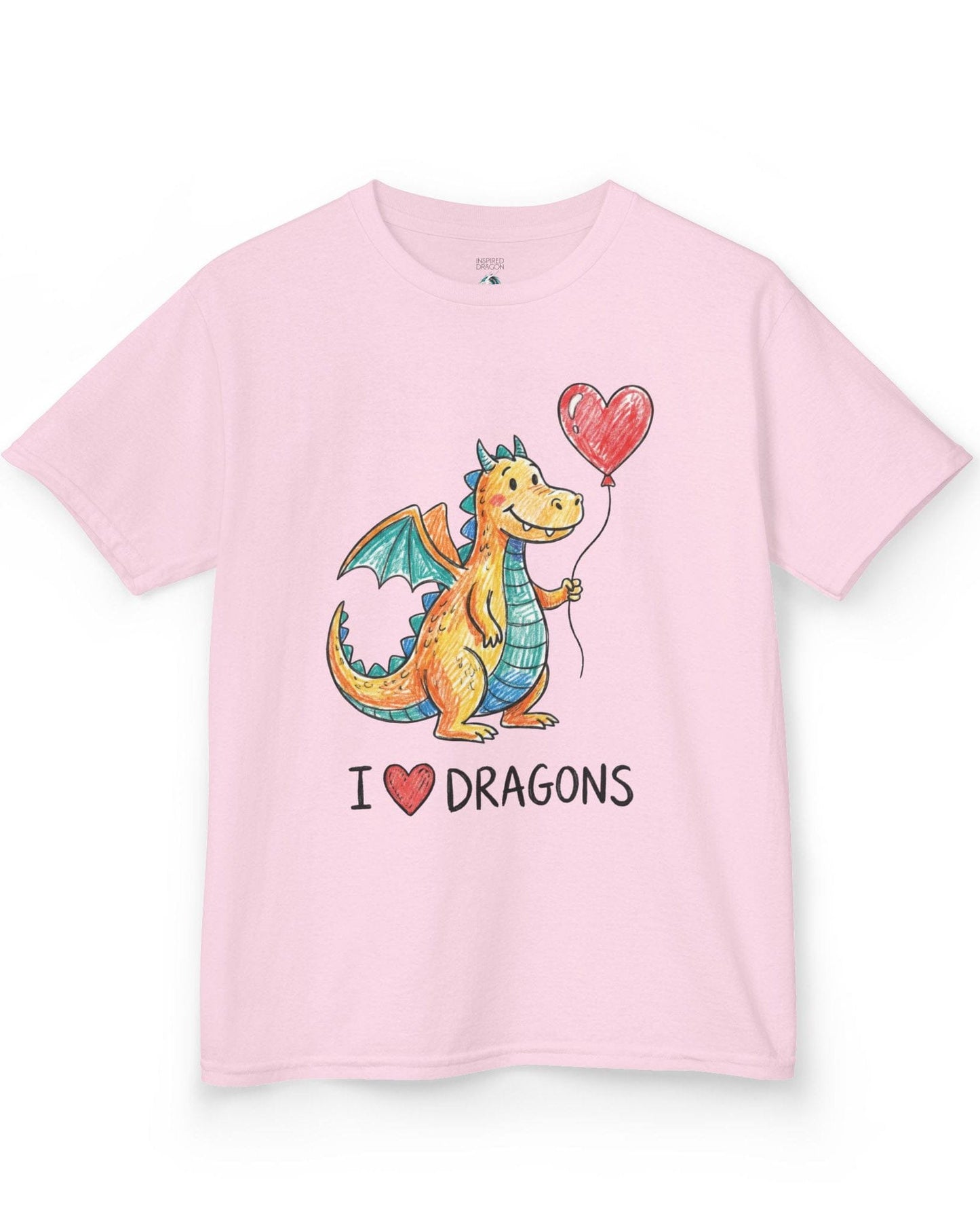 I Love Dragons shirt in light pink featuring a crayon-style smiling dragon holding a heart balloon