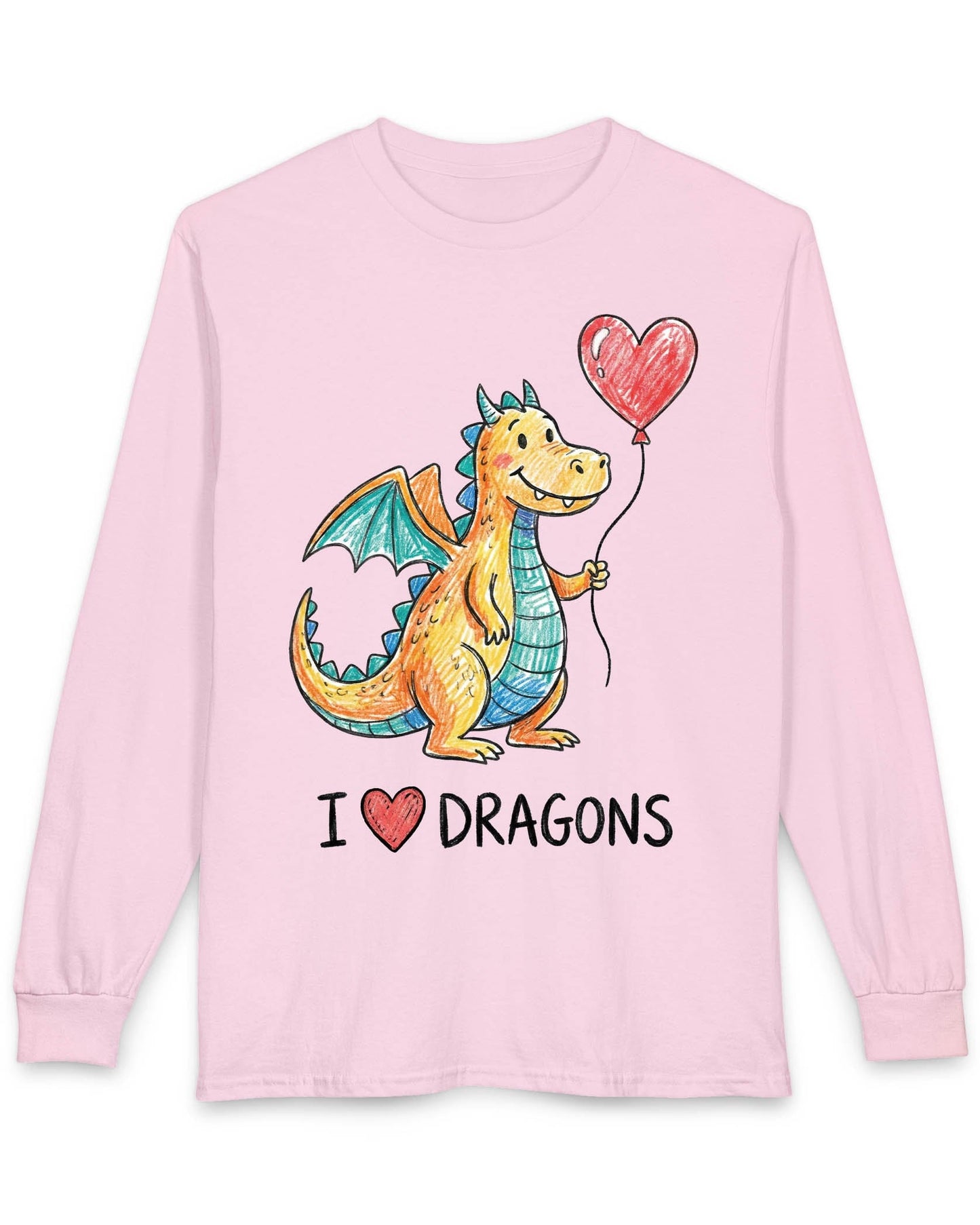 I Love Dragons shirt in light pink featuring a crayon-style smiling dragon holding a heart balloon