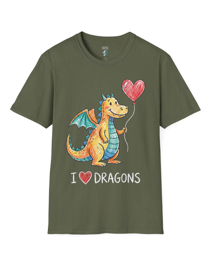 I Love Dragons shirt in military green featuring a crayon-style smiling dragon holding a heart balloon