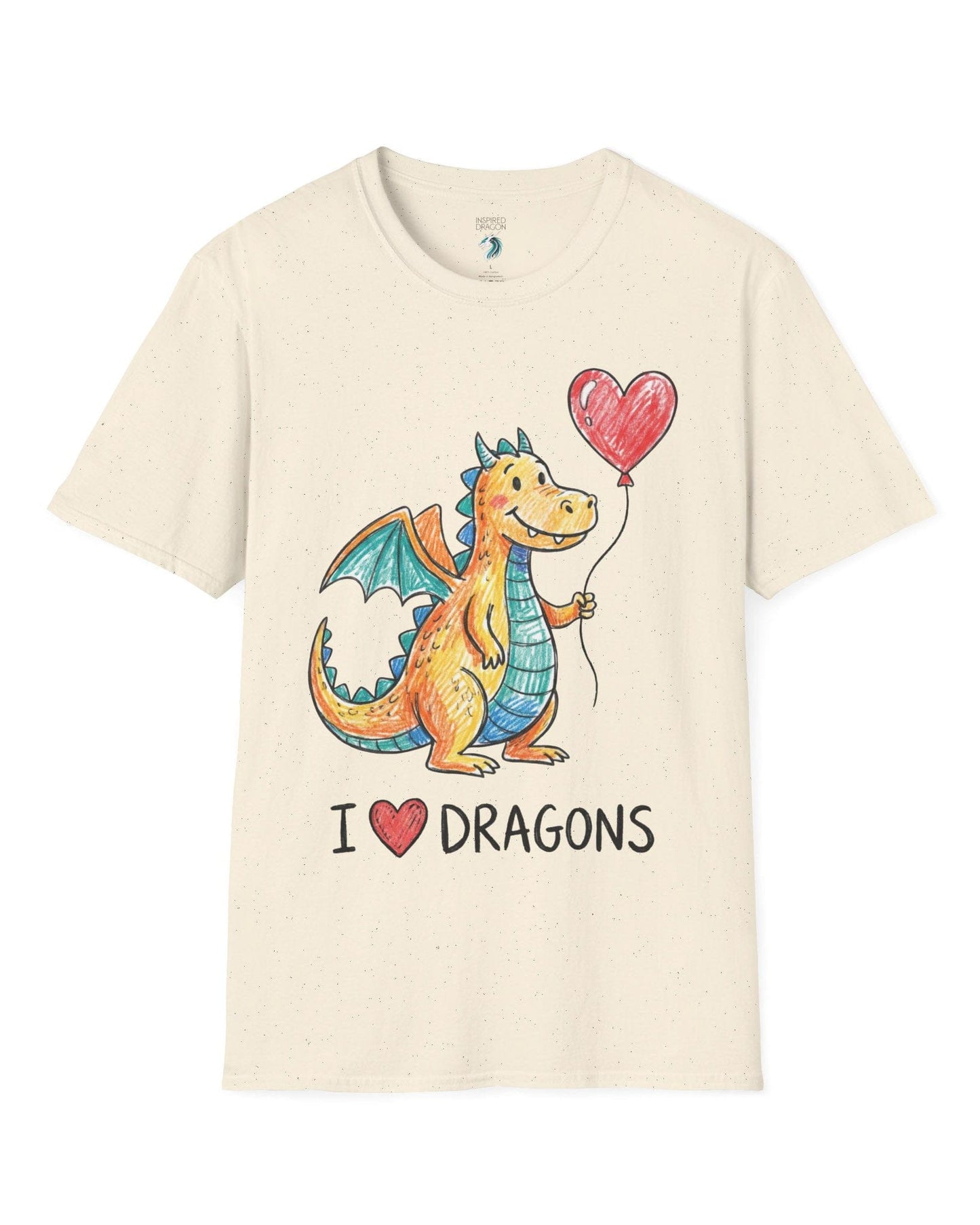 I Love Dragons shirt in natural featuring a crayon-style smiling dragon holding a heart balloon