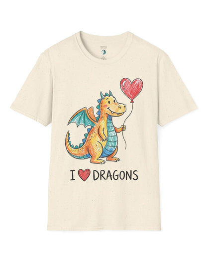 I Love Dragons shirt in natural featuring a crayon-style smiling dragon holding a heart balloon